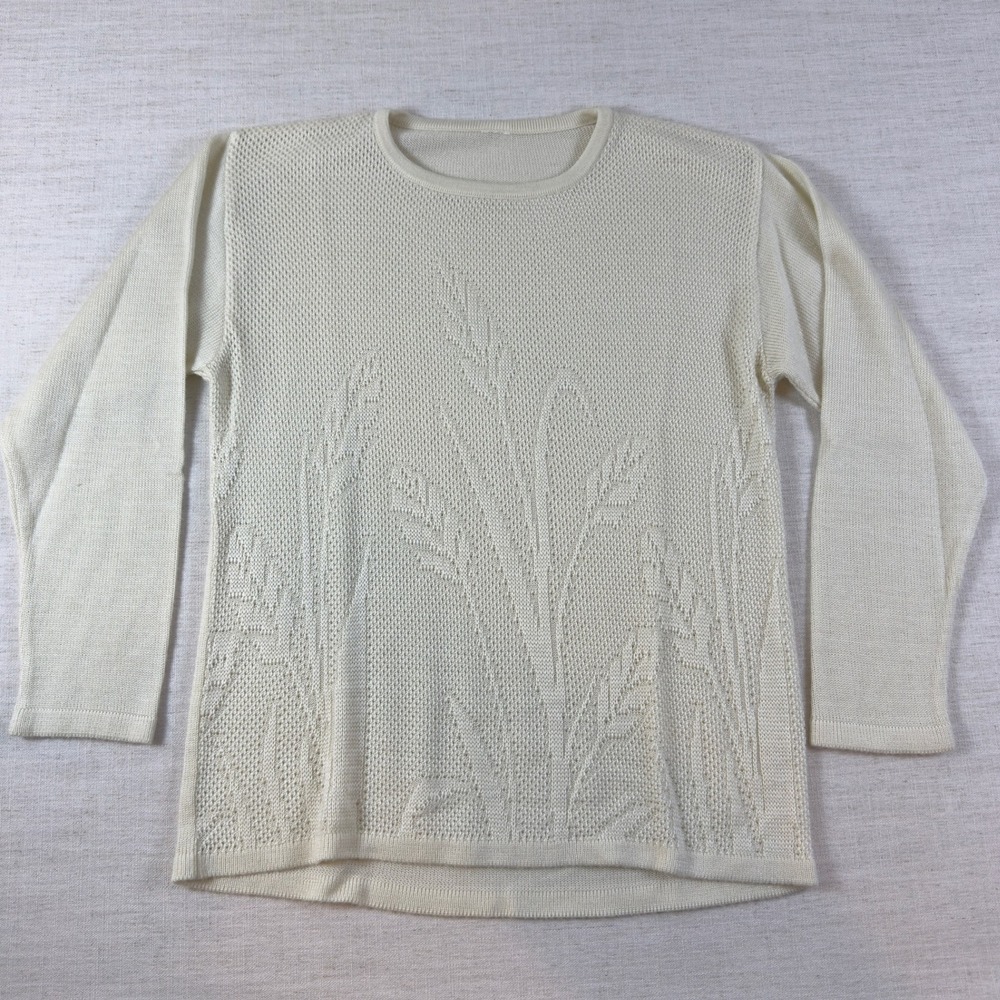 Vintage Cream Wheat Stalk Jacquard Knit Long Sleeve Crew Neck Sweater AS IS
